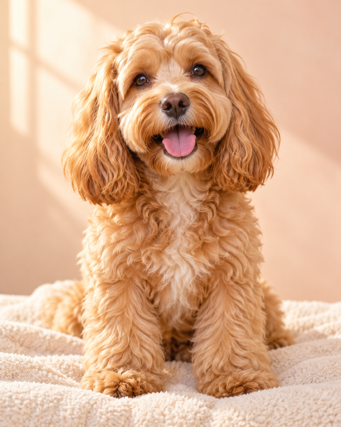 A fluffy golden dog sitting on a soft towel